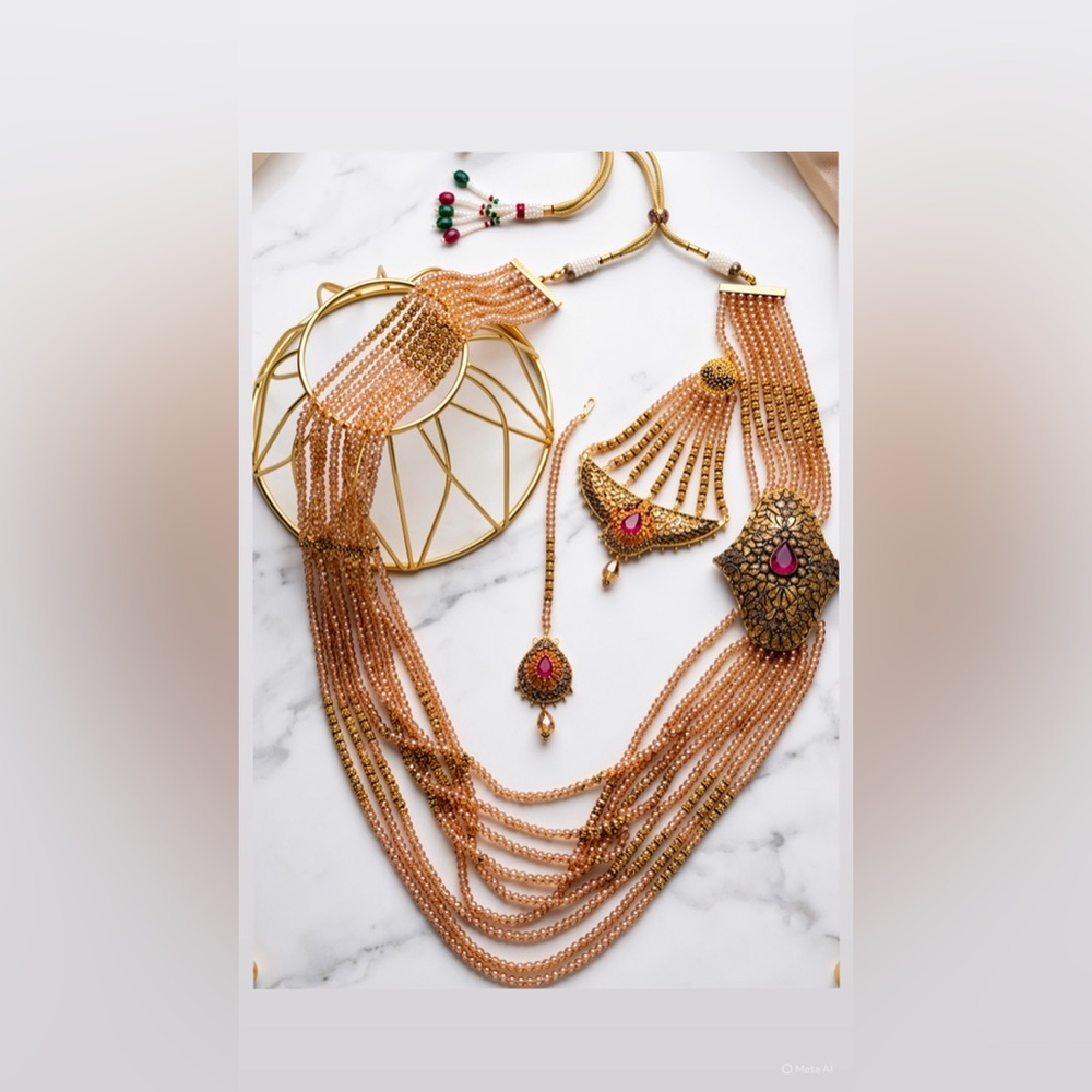 Traditional Kundan-Style Bridal Jewelry Set - Champagne Beads & Ruby Accents